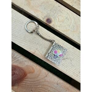 Vintage GoldTone Book Locket Keychain-Enamel Flower Basket-Mid-Century